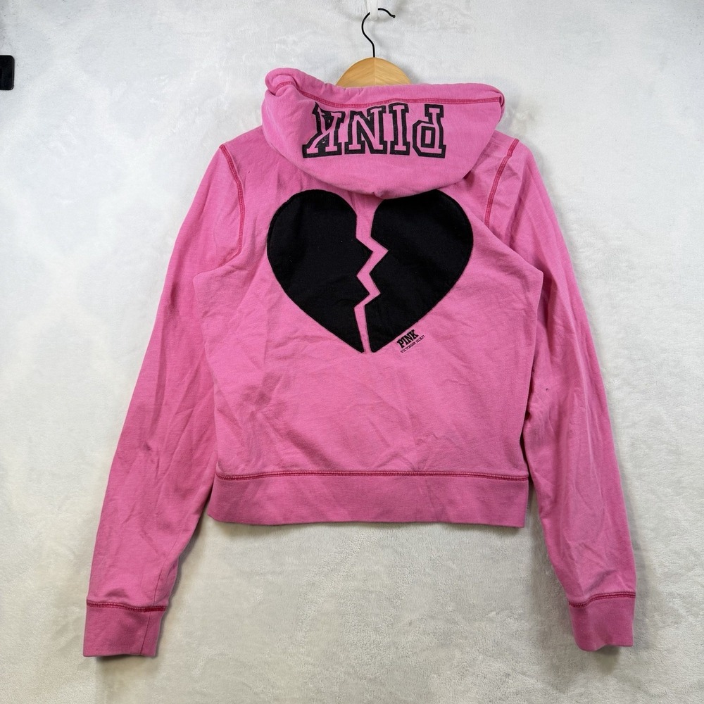 Vintage Y2K Victoria's Secret PINK Broken Heart Print Zip Up Hoodie Size Large
